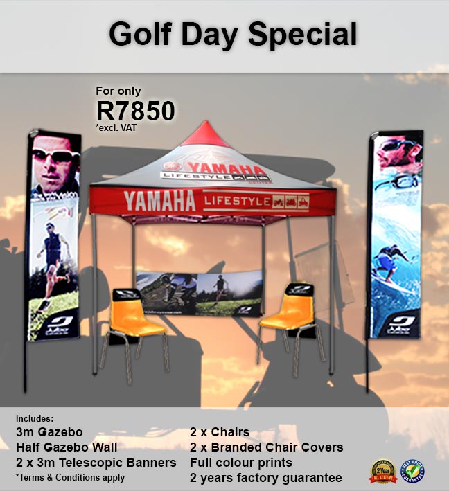 We offer a great branded gazebo special!! All for R7850.00!! 3m gazebo, half gazebo wall, two 3m feather banners, two chairs, two branded chair covers! Supplied with 2 year factory gaurantee!